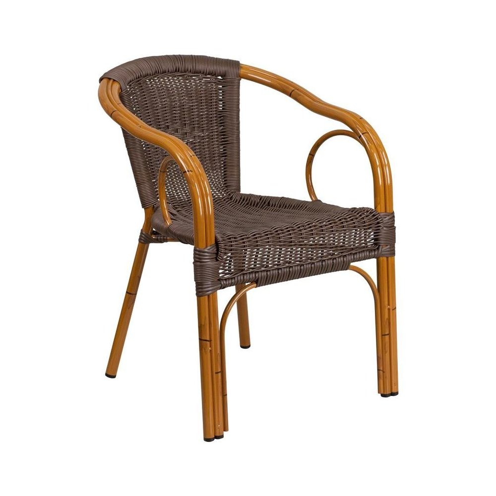 Dark Brown Rattan Patio Chair with Red Bamboo-Aluminum Frame pack of 3