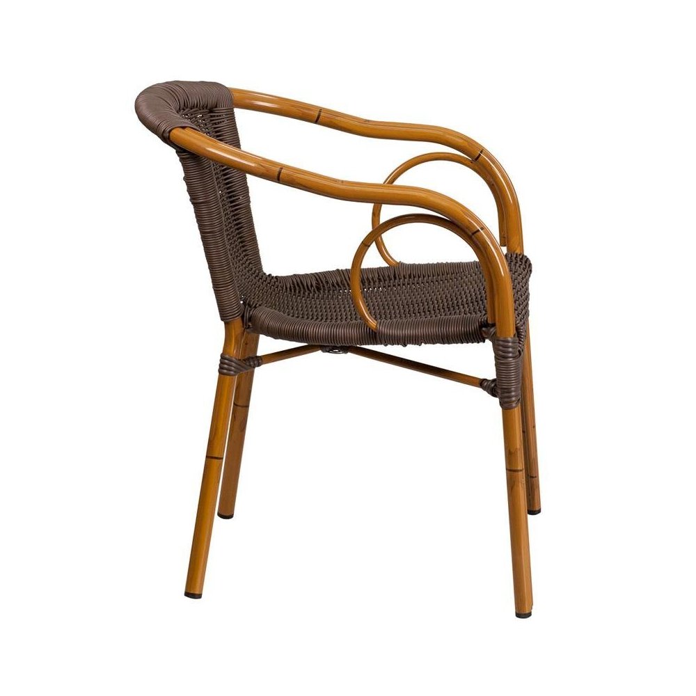 Dark Brown Rattan Patio Chair with Red Bamboo-Aluminum Frame pack of 3