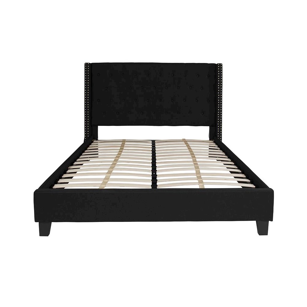 Queen Size Tufted Upholstered Platform Bed in Black Fabric