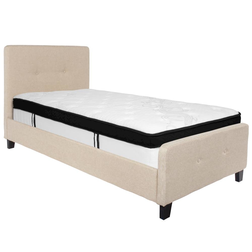 Twin Size Platform Bed in Beige Fabric with Memory Foam Mattress