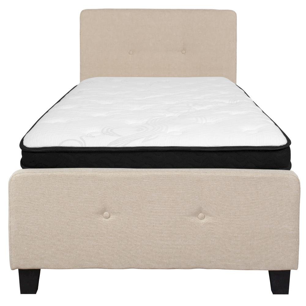 Twin Size Platform Bed in Beige Fabric with Memory Foam Mattress