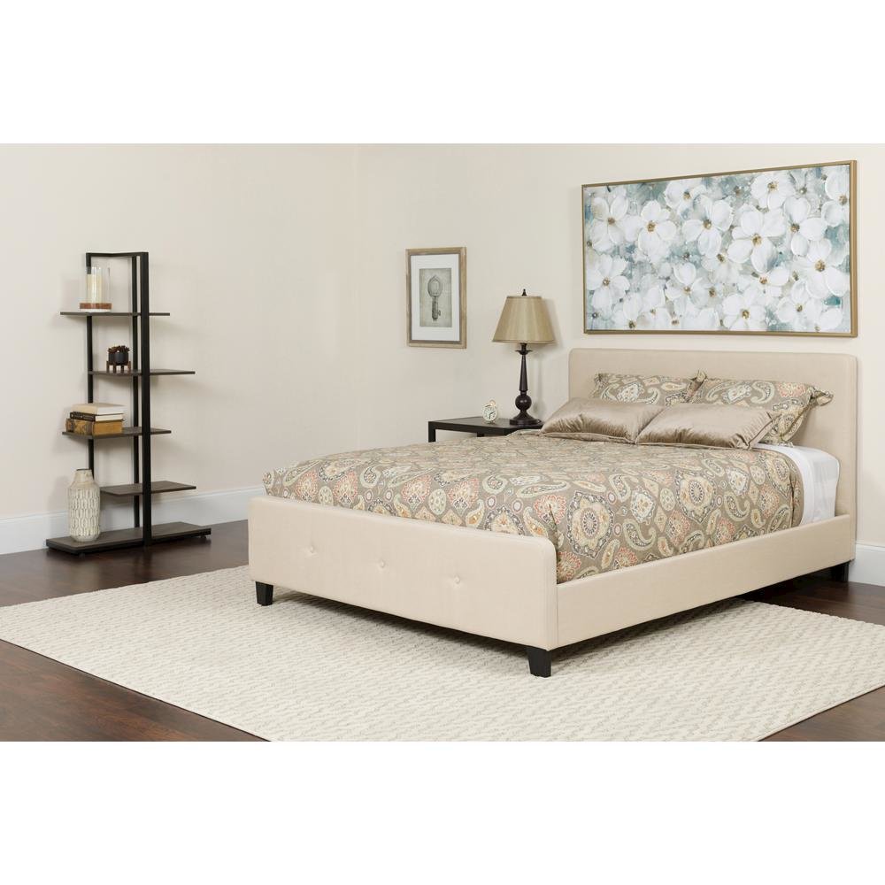 Twin Size Platform Bed in Beige Fabric with Memory Foam Mattress