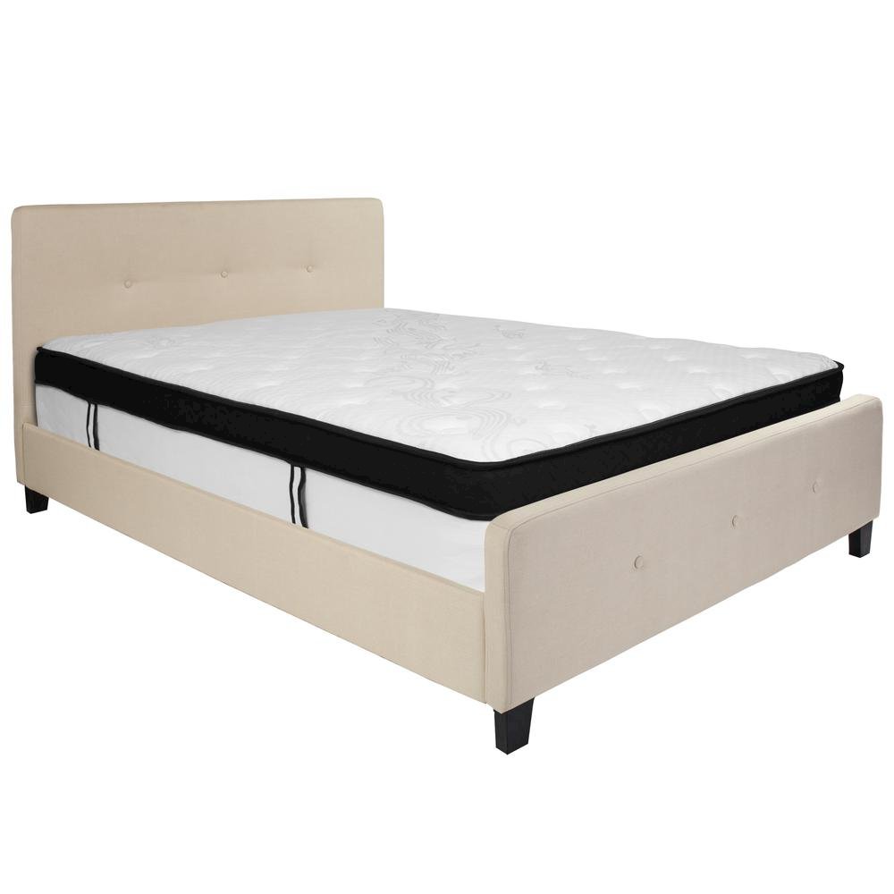 Queen Size Platform Bed in Beige Fabric with Memory Foam Mattress