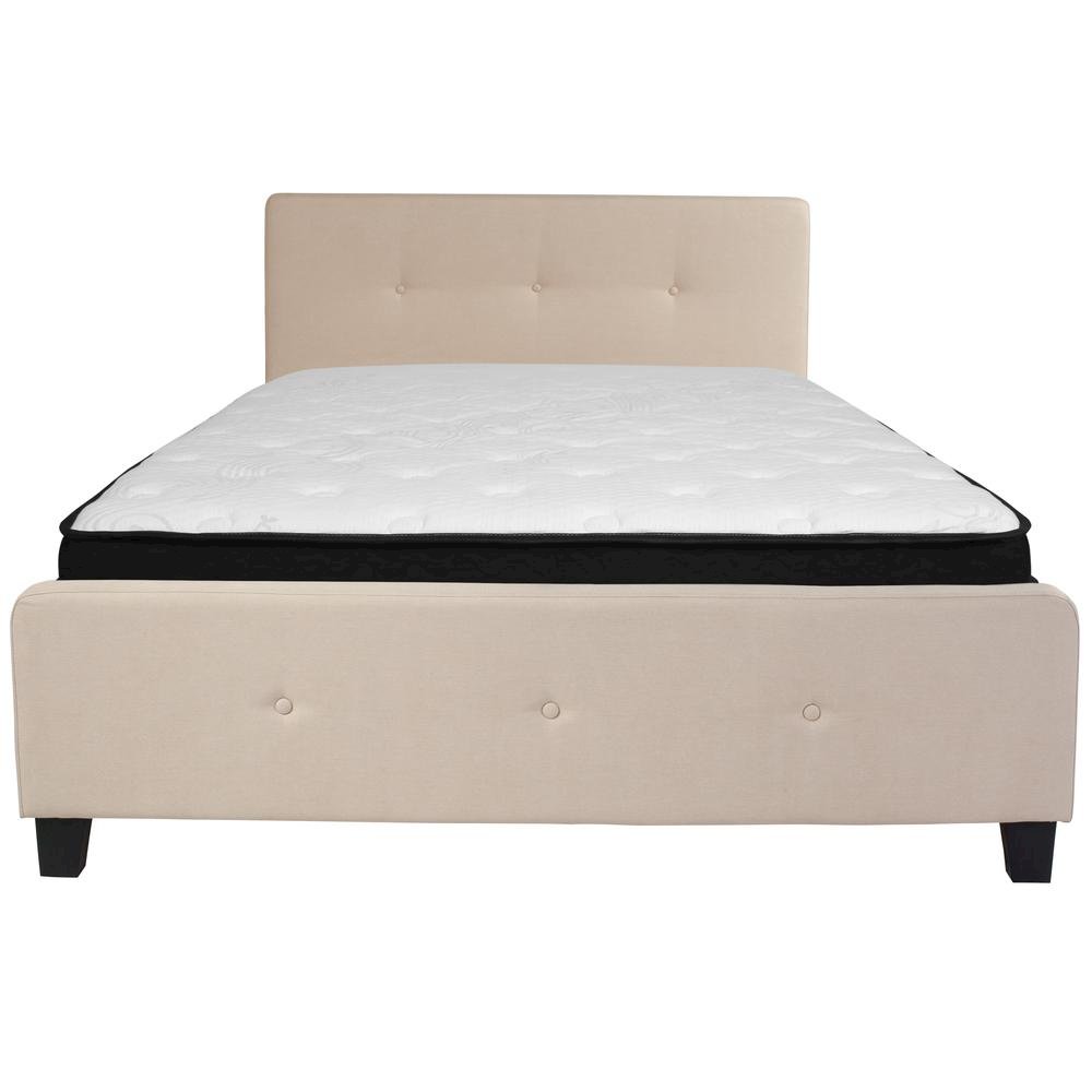 Queen Size Platform Bed in Beige Fabric with Memory Foam Mattress