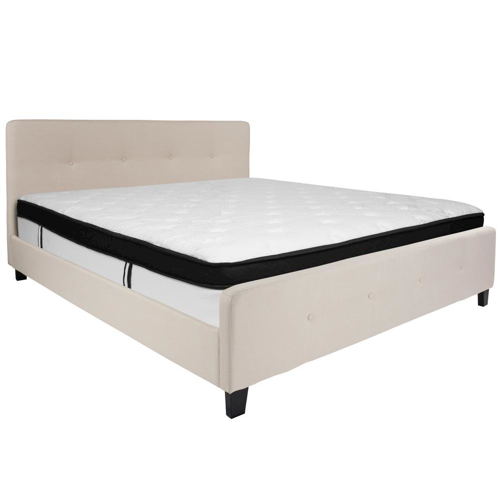 King Size Platform Bed in Beige Fabric with Memory Foam Mattress