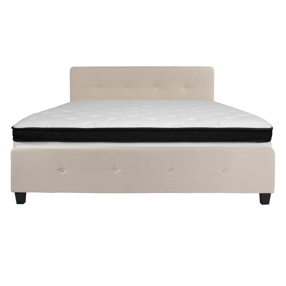 King Size Platform Bed in Beige Fabric with Memory Foam Mattress