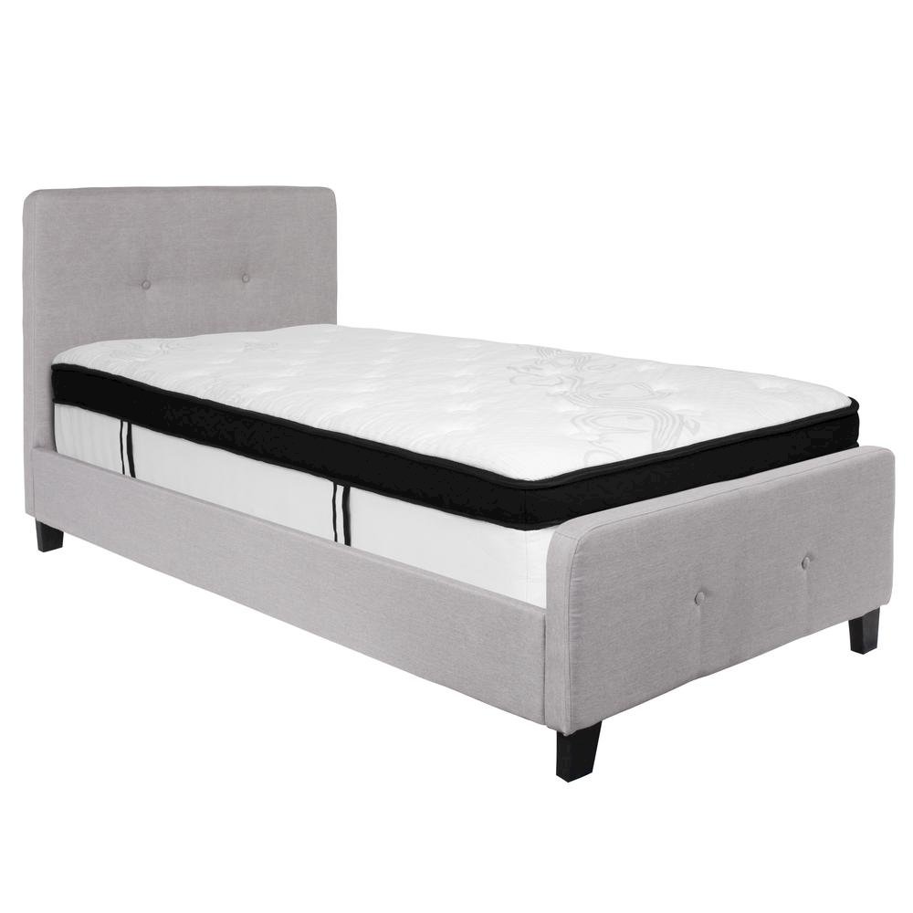 Twin Size Platform Bed in Light Gray Fabric with Memory Foam Mattress