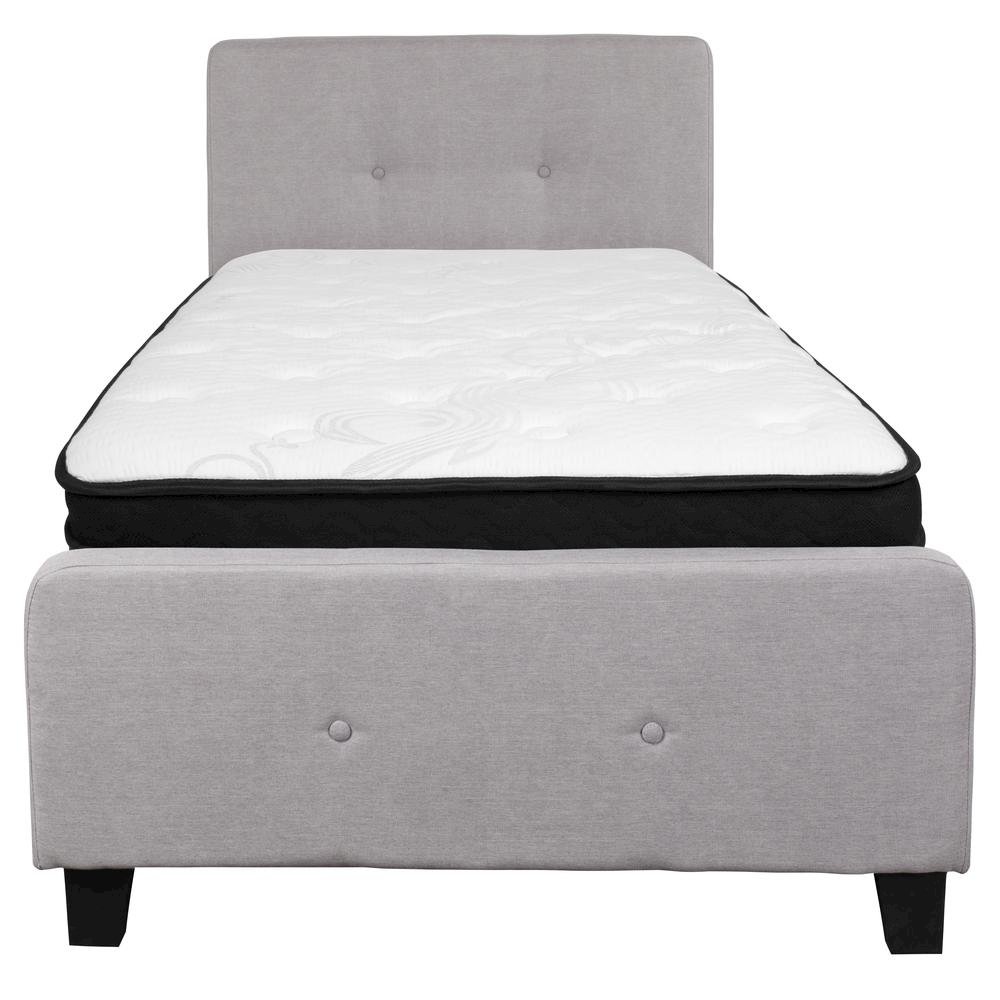 Twin Size Platform Bed in Light Gray Fabric with Memory Foam Mattress