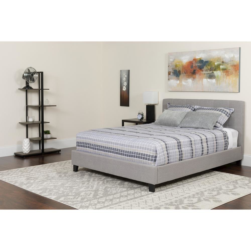 Twin Size Platform Bed in Light Gray Fabric with Memory Foam Mattress