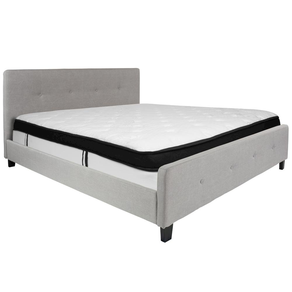 King Size Platform Bed in Light Gray Fabric with Memory Foam Mattress