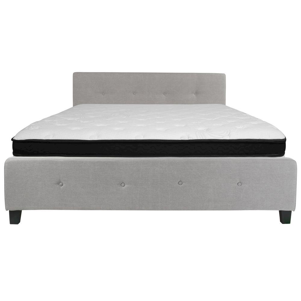 King Size Platform Bed in Light Gray Fabric with Memory Foam Mattress
