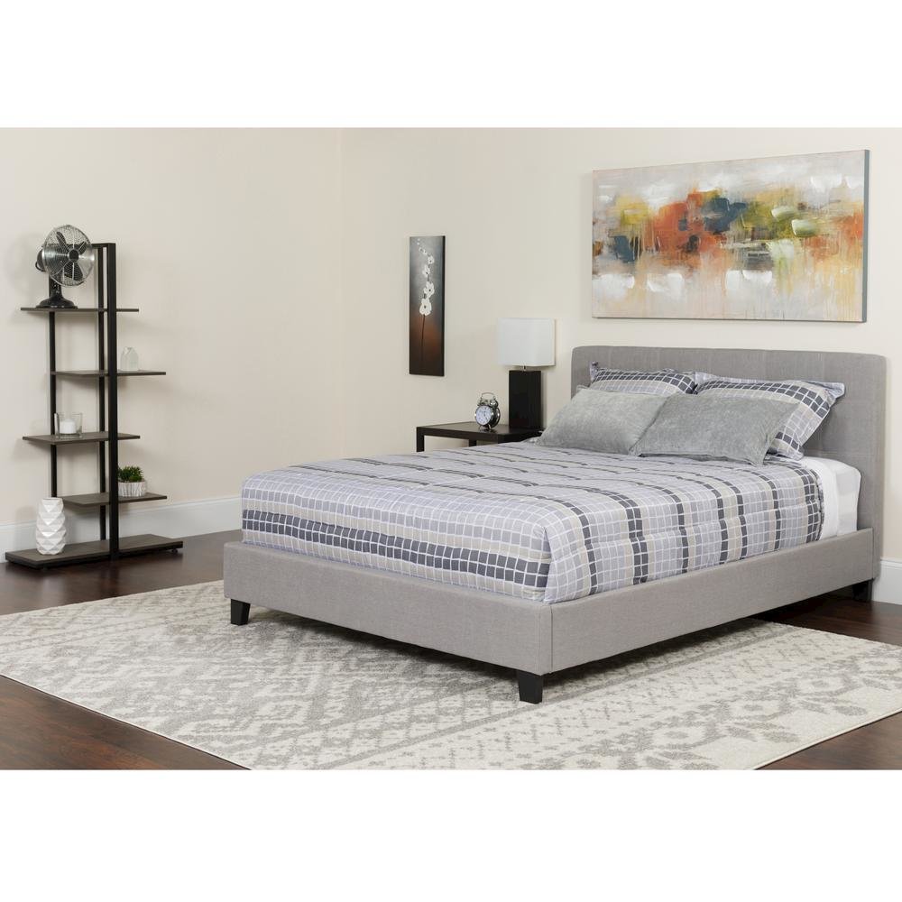 King Size Platform Bed in Light Gray Fabric with Memory Foam Mattress