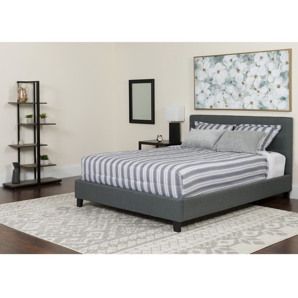 King Size Platform Bed in Dark Gray Fabric with Memory Foam Mattress