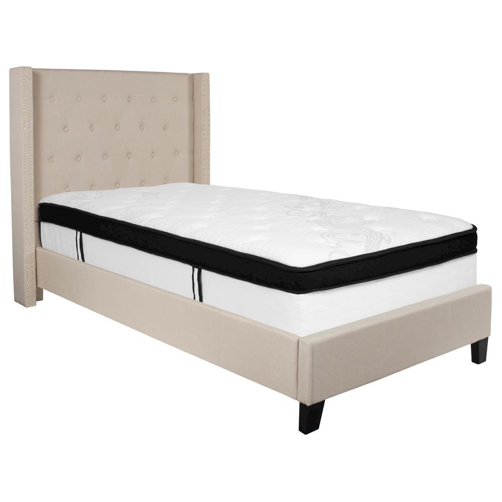 Twin Size Platform Bed in Beige Fabric with Memory Foam Mattress