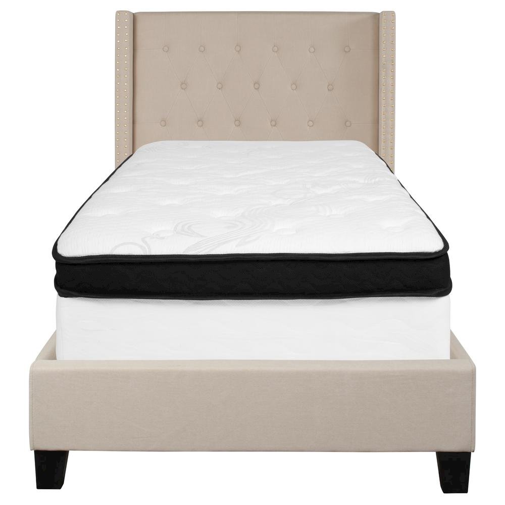 Twin Size Platform Bed in Beige Fabric with Memory Foam Mattress