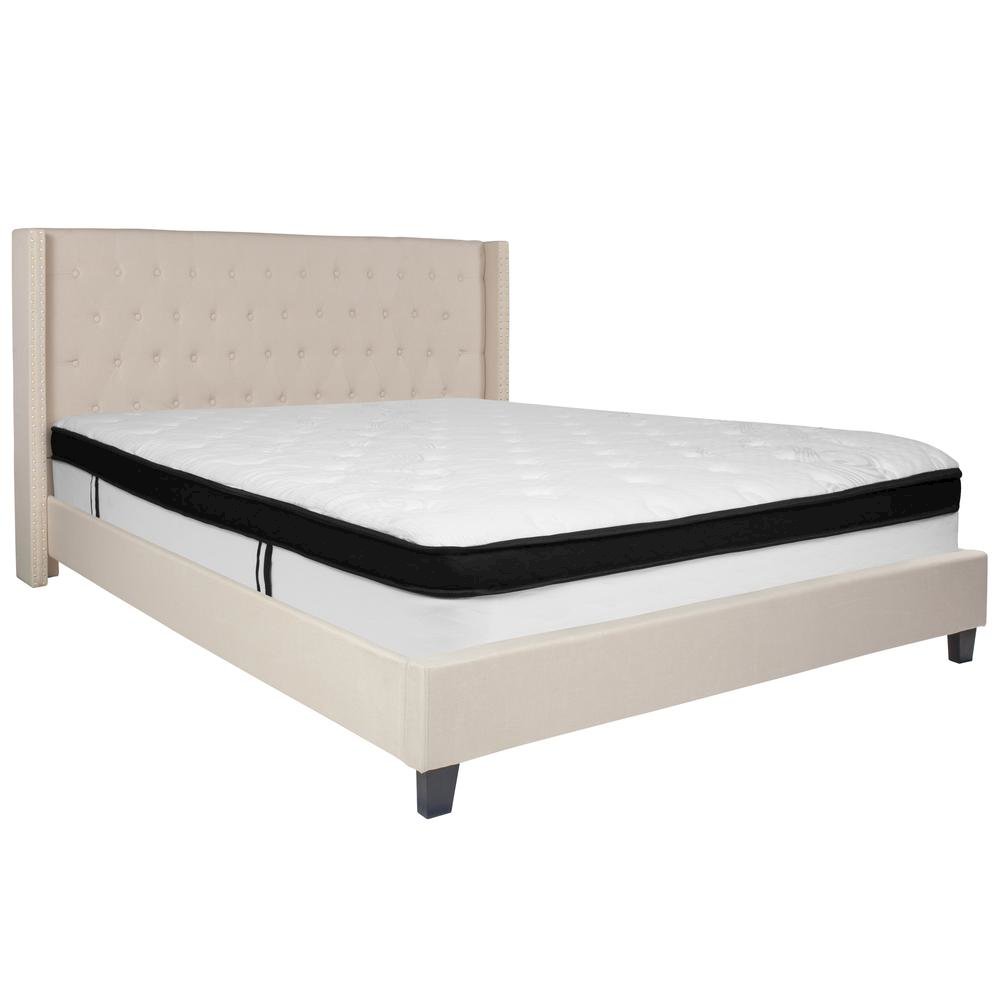 King Size Platform Bed in Beige Fabric with Memory Foam Mattress