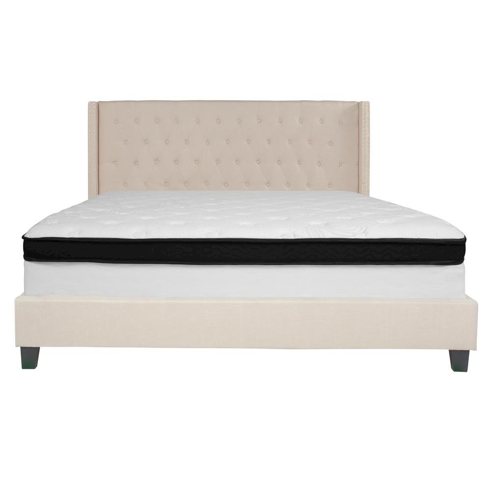 King Size Platform Bed in Beige Fabric with Memory Foam Mattress
