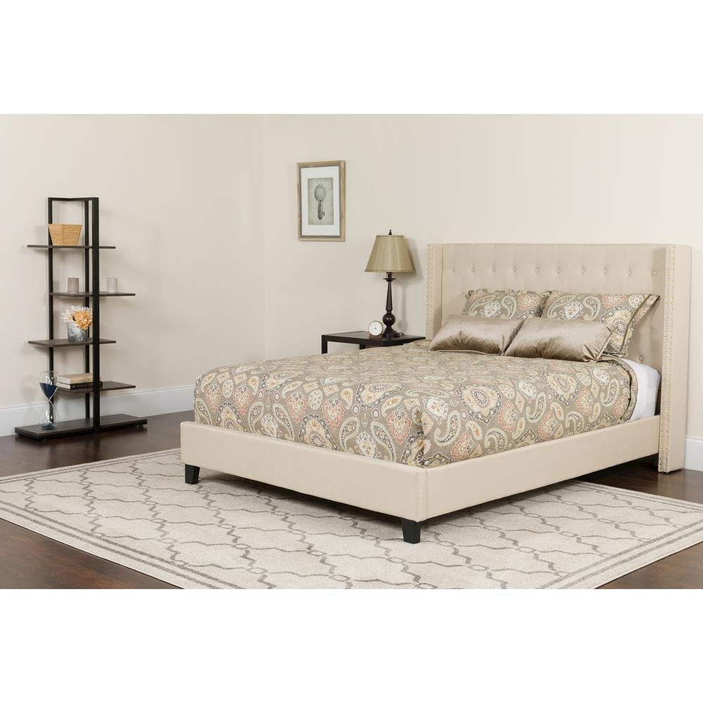 King Size Platform Bed in Beige Fabric with Memory Foam Mattress