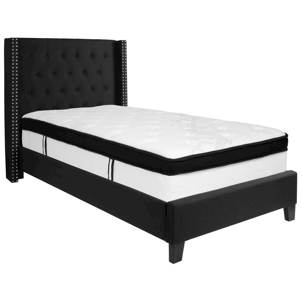 Twin Size Platform Bed in Black Fabric with Memory Foam Mattress