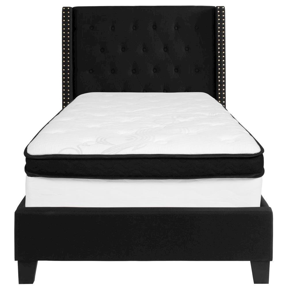 Twin Size Platform Bed in Black Fabric with Memory Foam Mattress