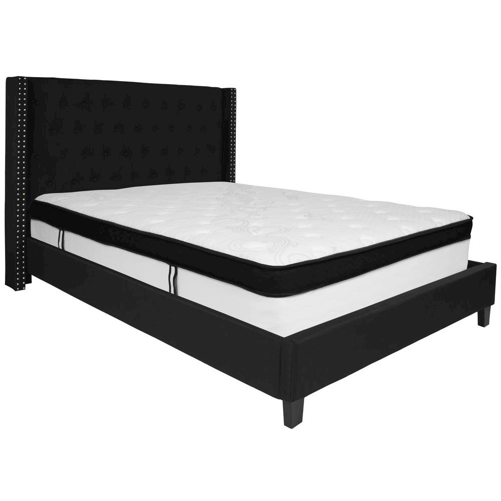 Queen Size Platform Bed in Black Fabric with Memory Foam Mattress