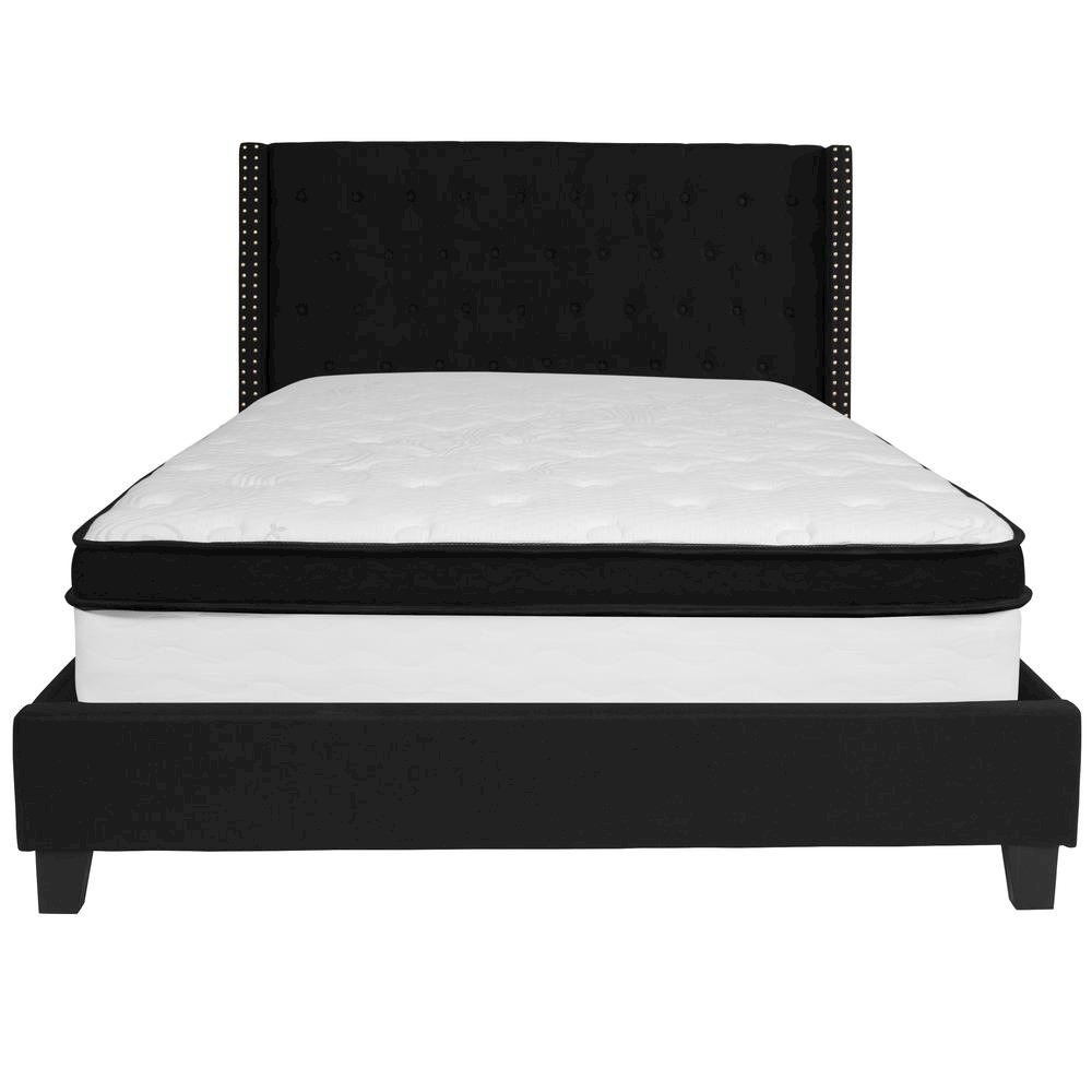 Queen Size Platform Bed in Black Fabric with Memory Foam Mattress