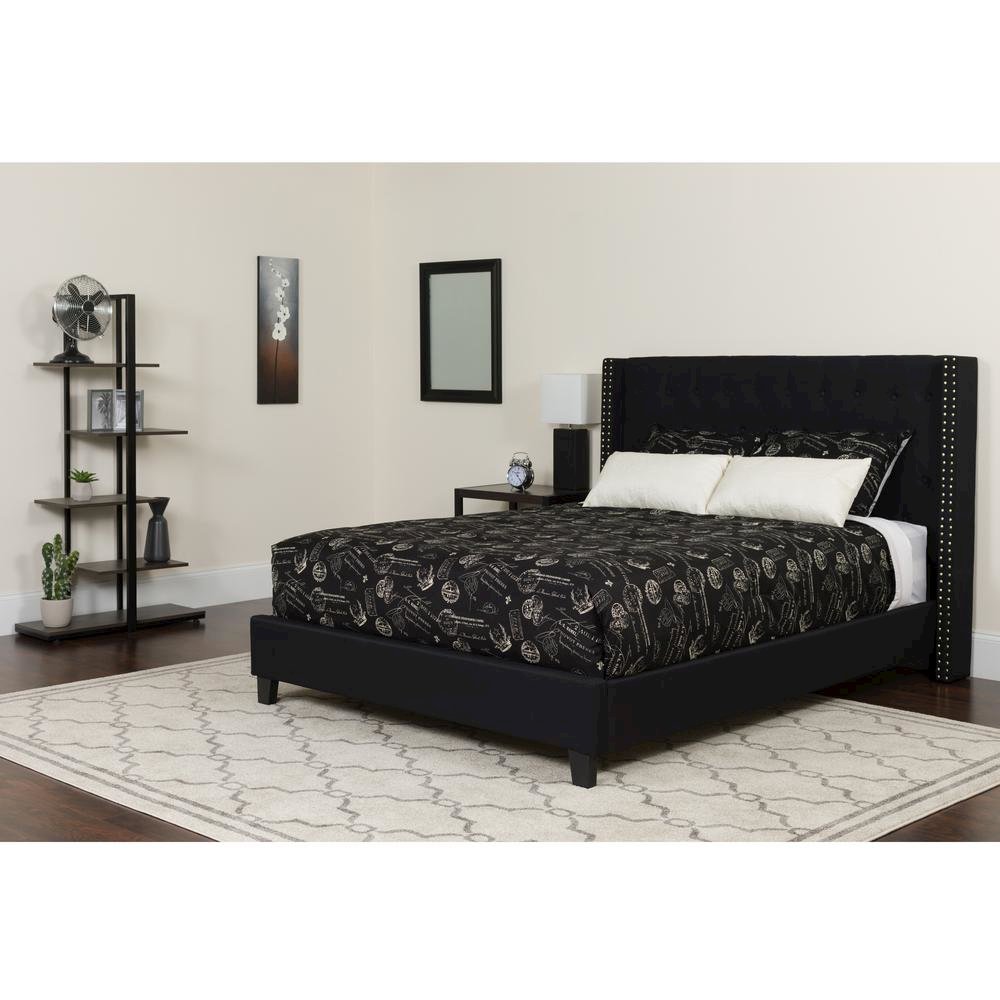 Queen Size Platform Bed in Black Fabric with Memory Foam Mattress