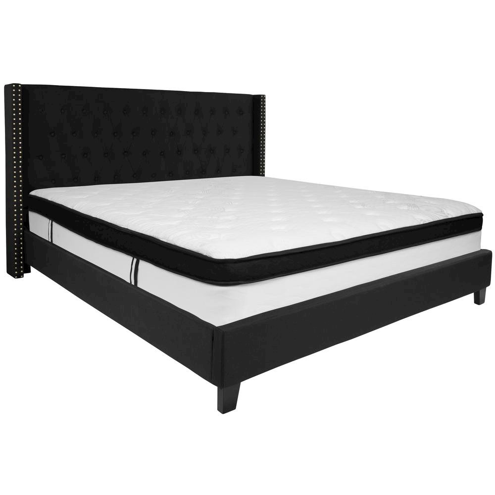 King Size Platform Bed in Black Fabric with Memory Foam Mattress
