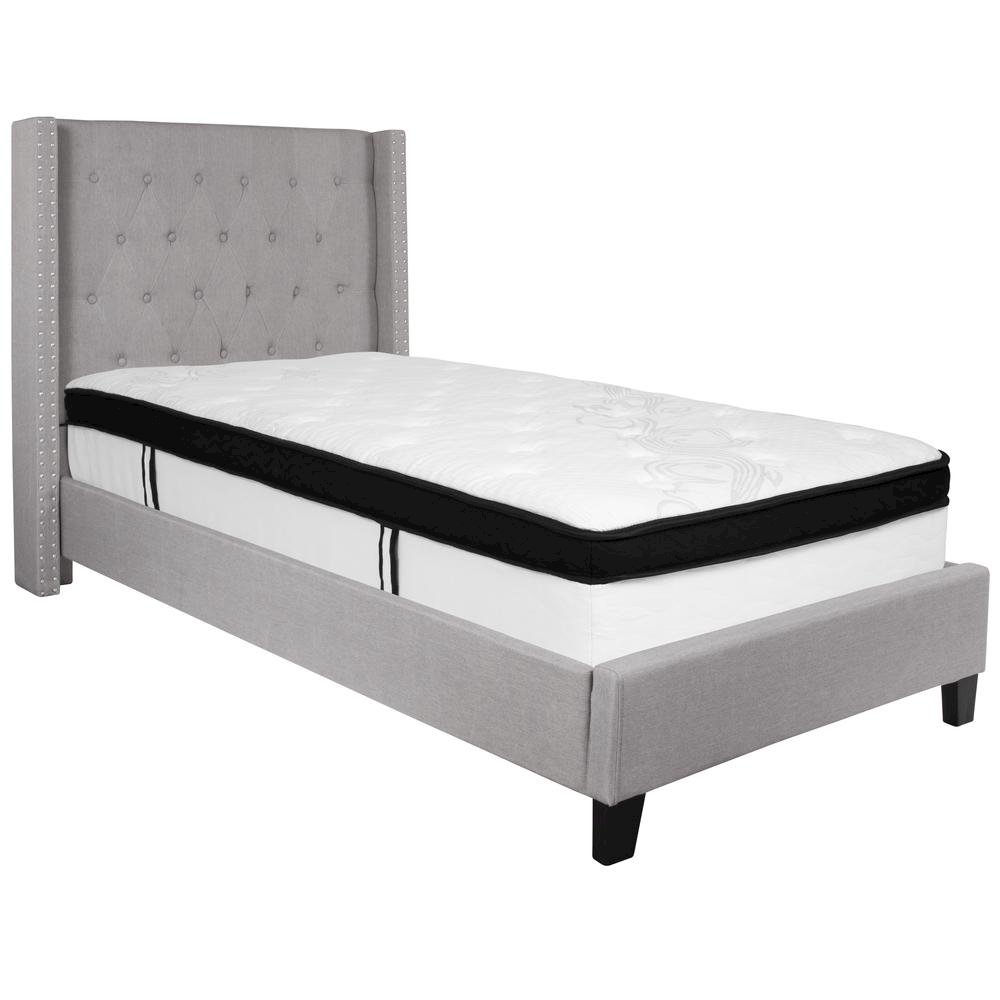 Twin Size Platform Bed in Light Gray Fabric with Memory Foam Mattress