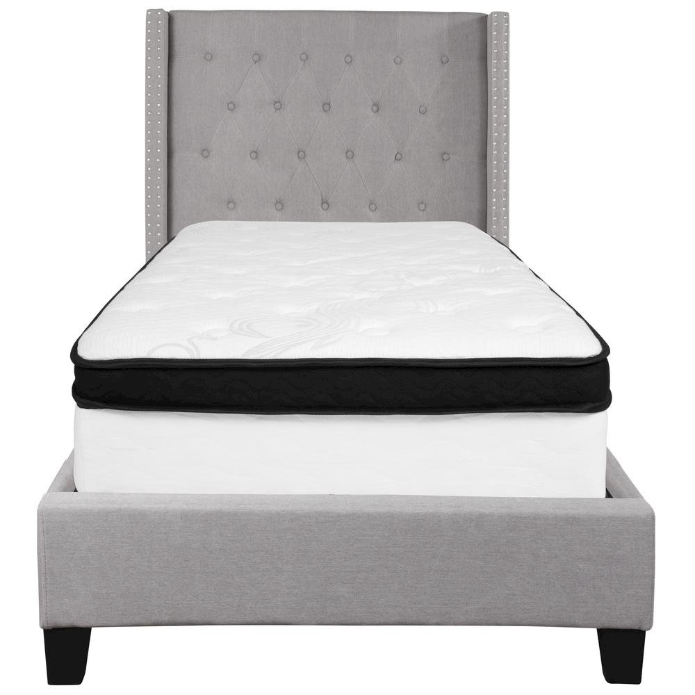 Twin Size Platform Bed in Light Gray Fabric with Memory Foam Mattress