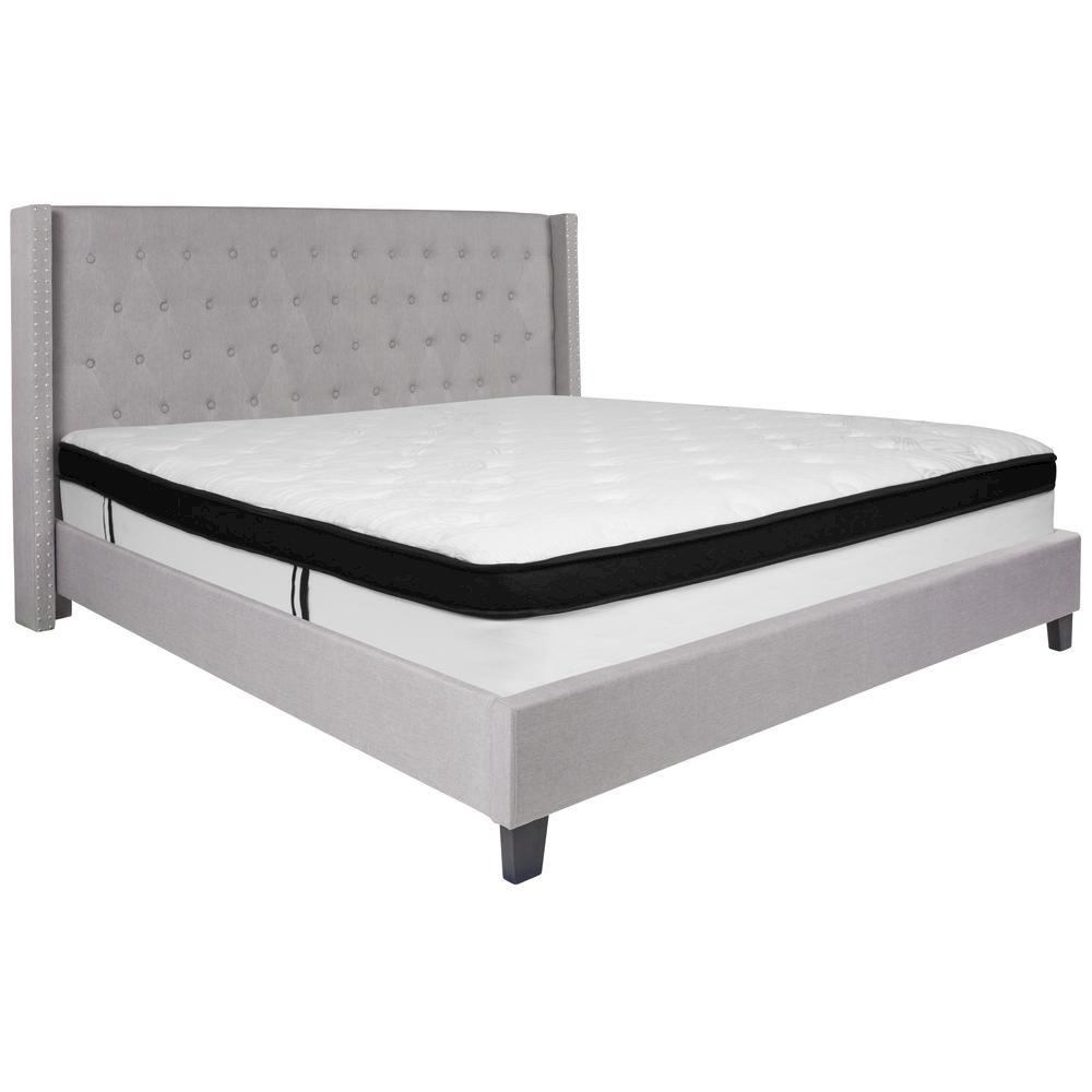 King Size Platform Bed in Light Gray Fabric with Memory Foam Mattress
