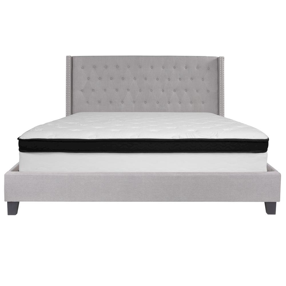 King Size Platform Bed in Light Gray Fabric with Memory Foam Mattress