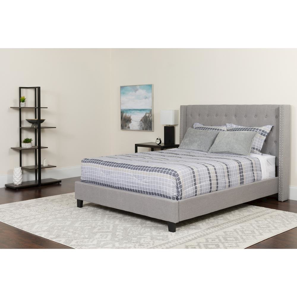 King Size Platform Bed in Light Gray Fabric with Memory Foam Mattress