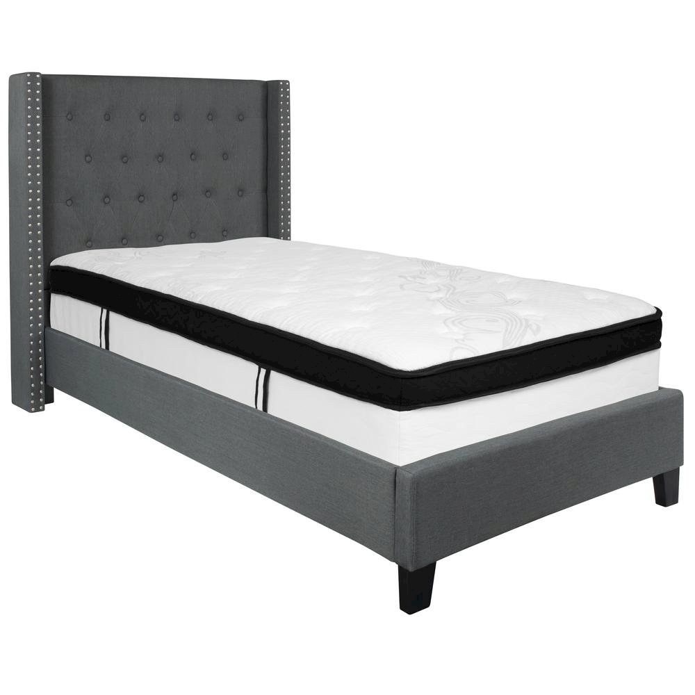 Twin Size Platform Bed in Dark Gray Fabric with Memory Foam Mattress
