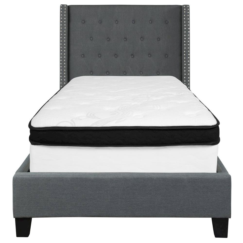Twin Size Platform Bed in Dark Gray Fabric with Memory Foam Mattress