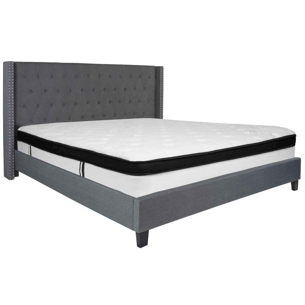 King Size Platform Bed in Dark Gray Fabric with Memory Foam Mattress