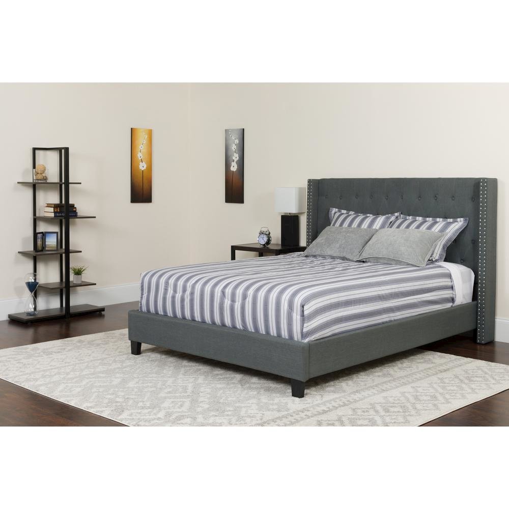 King Size Platform Bed in Dark Gray Fabric with Memory Foam Mattress
