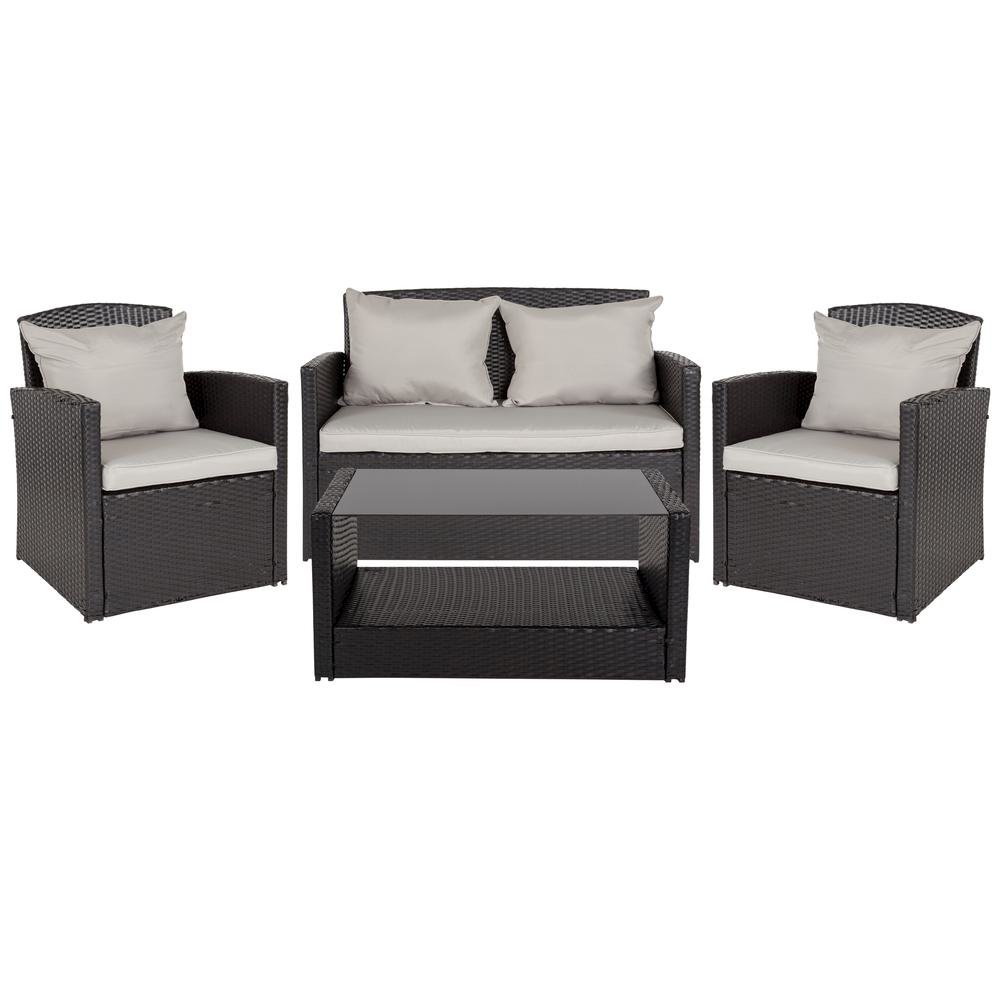 4 Piece Black Patio Set with Gray Back Pillows and Seat Cushions