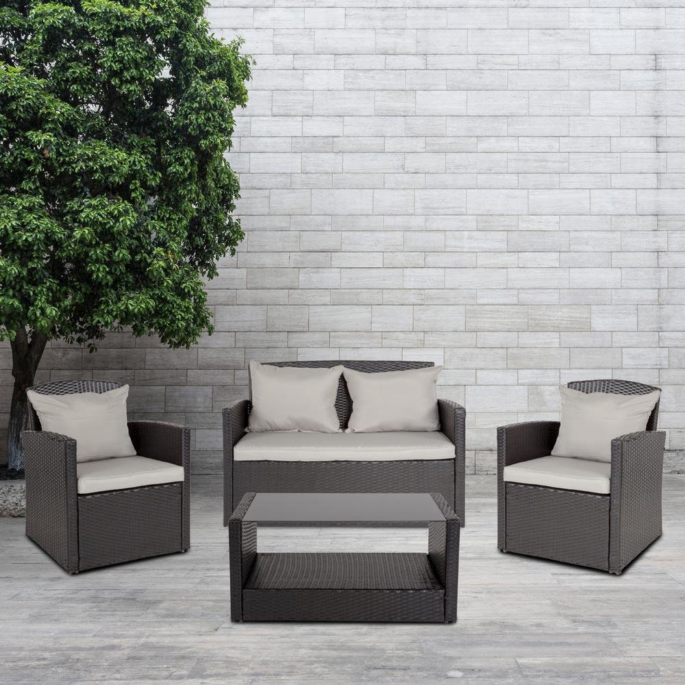 4 Piece Black Patio Set with Gray Back Pillows and Seat Cushions