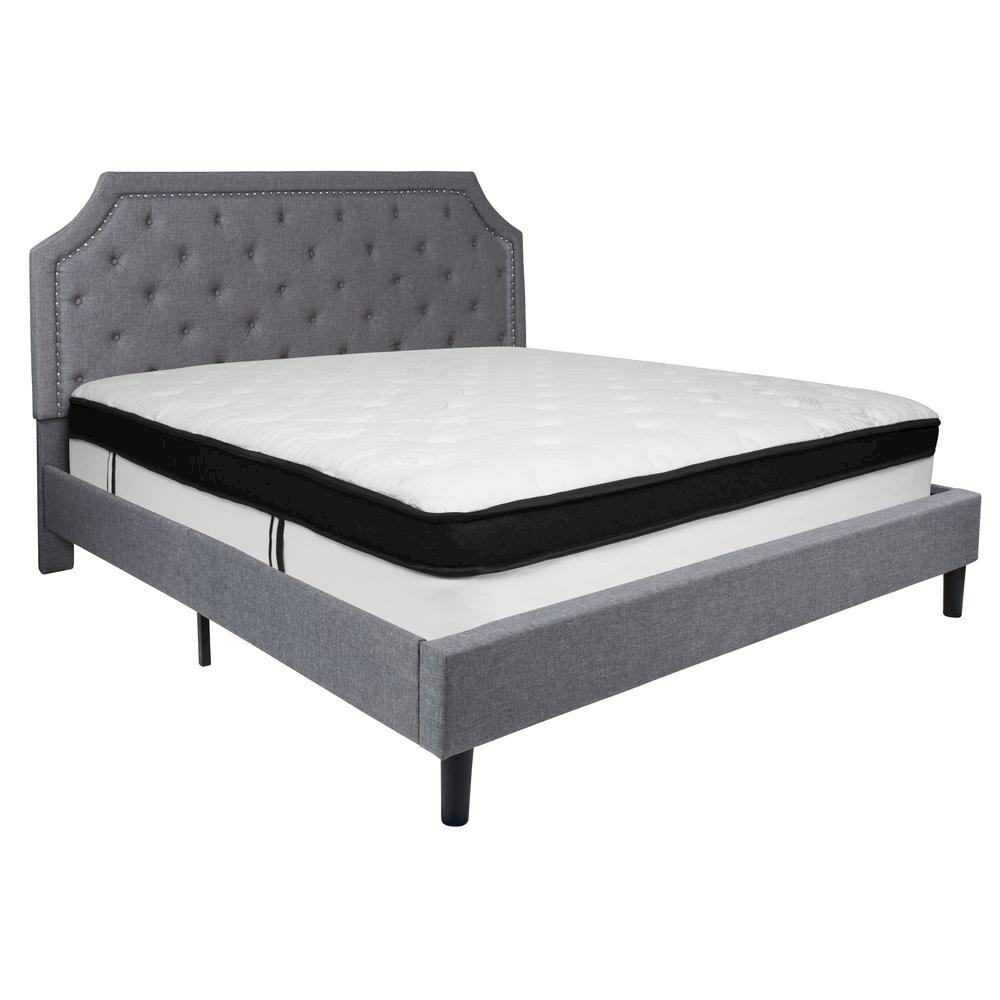 King Size Platform Bed in Light Gray Fabric with Memory Foam Mattress