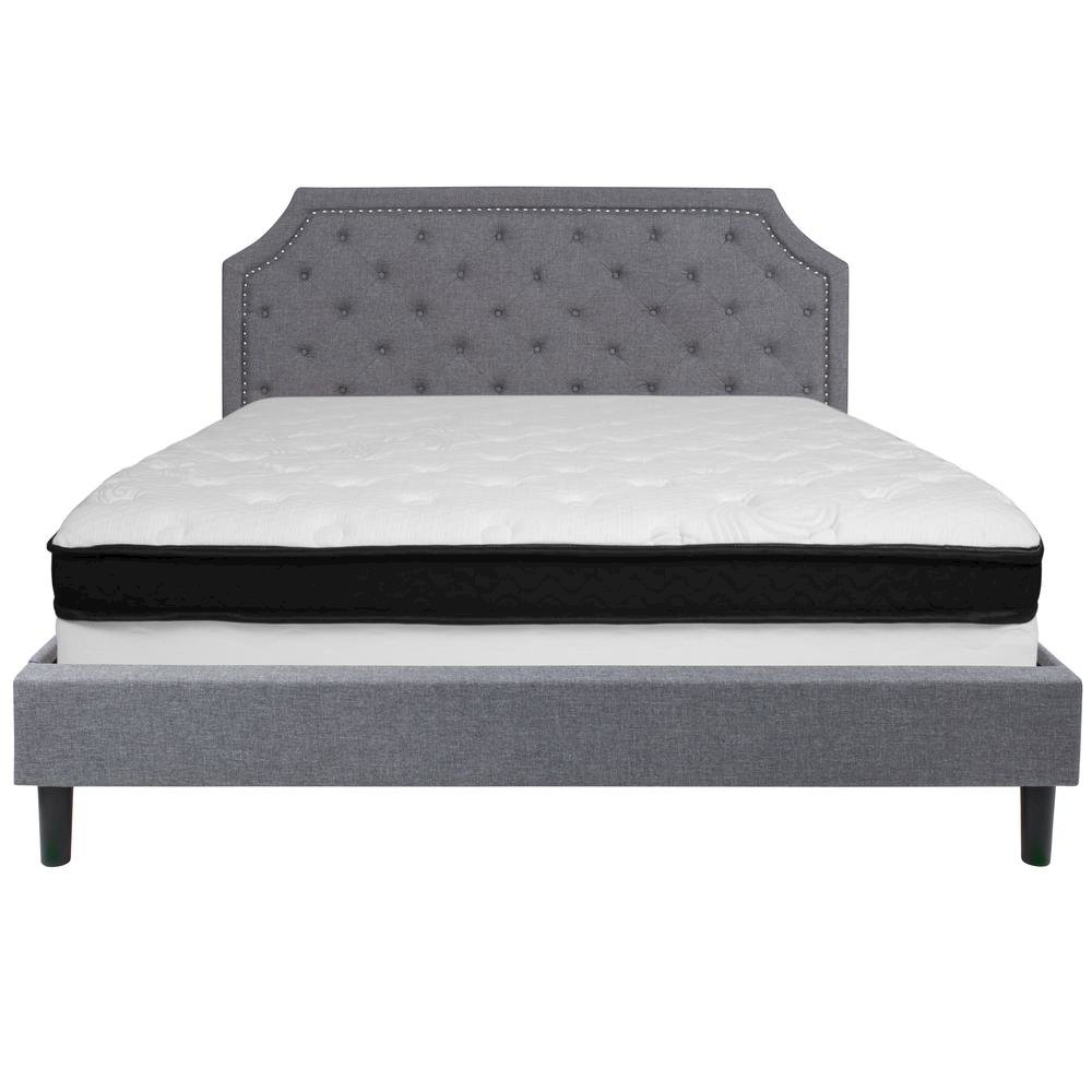 King Size Platform Bed in Light Gray Fabric with Memory Foam Mattress