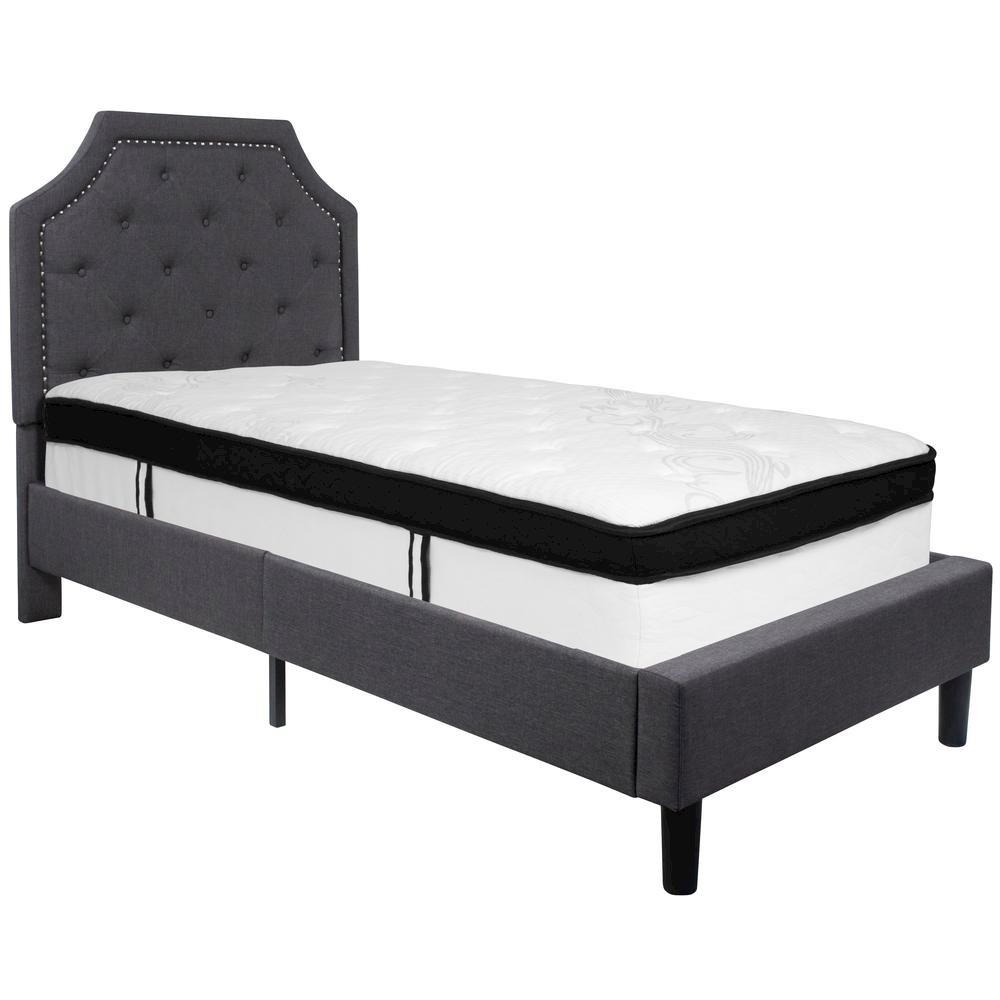 Twin Size Platform Bed in Dark Gray Fabric with Memory Foam Mattress