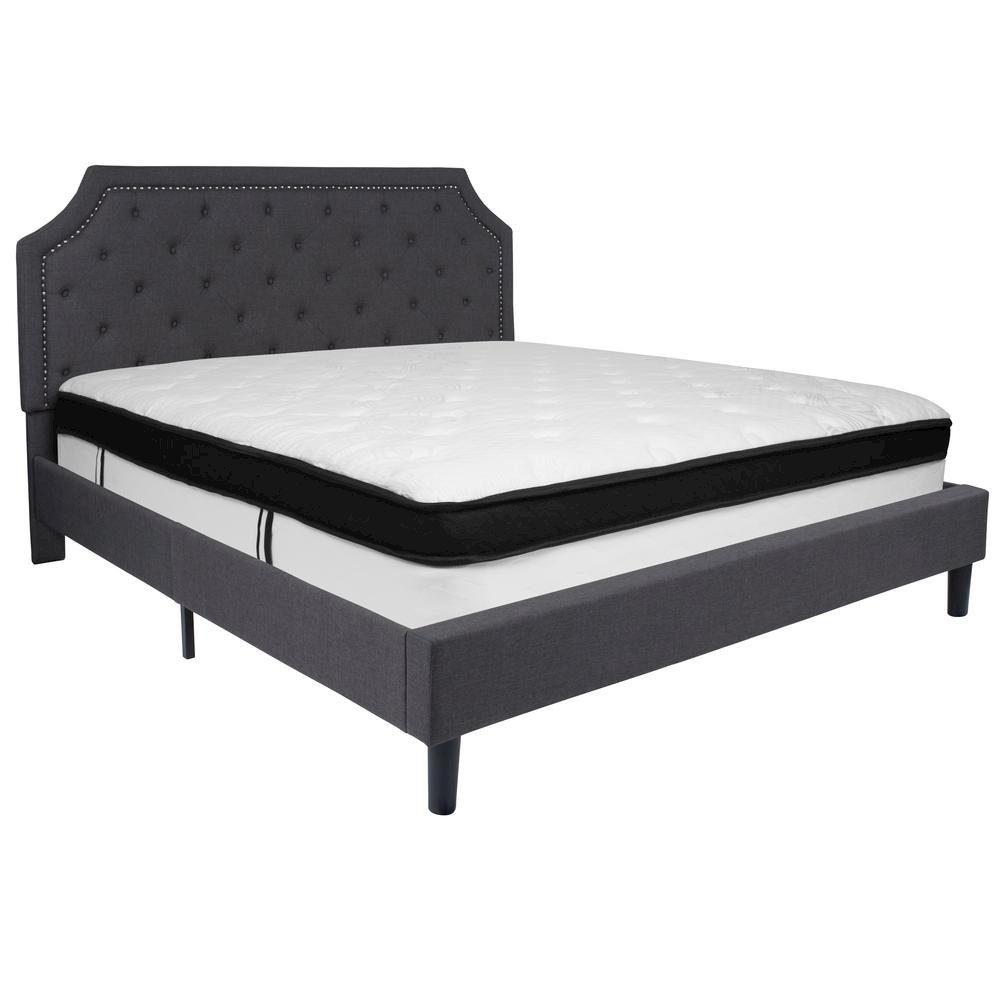 King Size Platform Bed in Dark Gray Fabric with Memory Foam Mattress