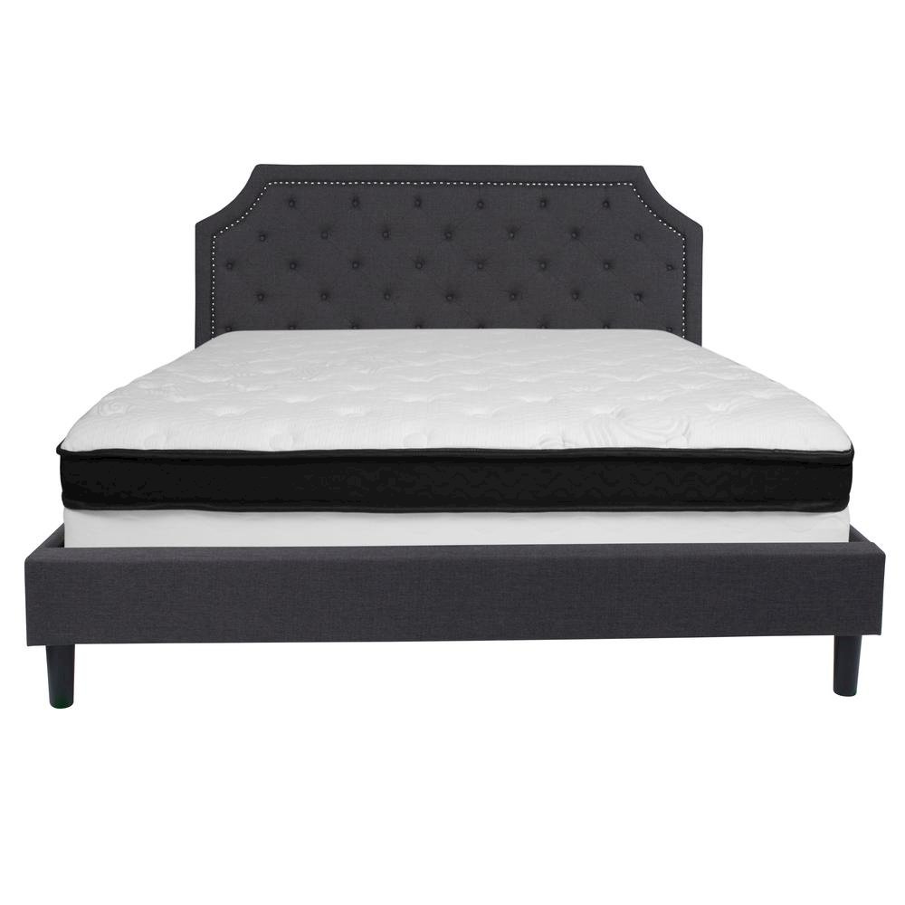 King Size Platform Bed in Dark Gray Fabric with Memory Foam Mattress