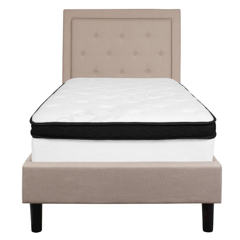 Twin Size Platform Bed in Beige Fabric with Memory Foam Mattress