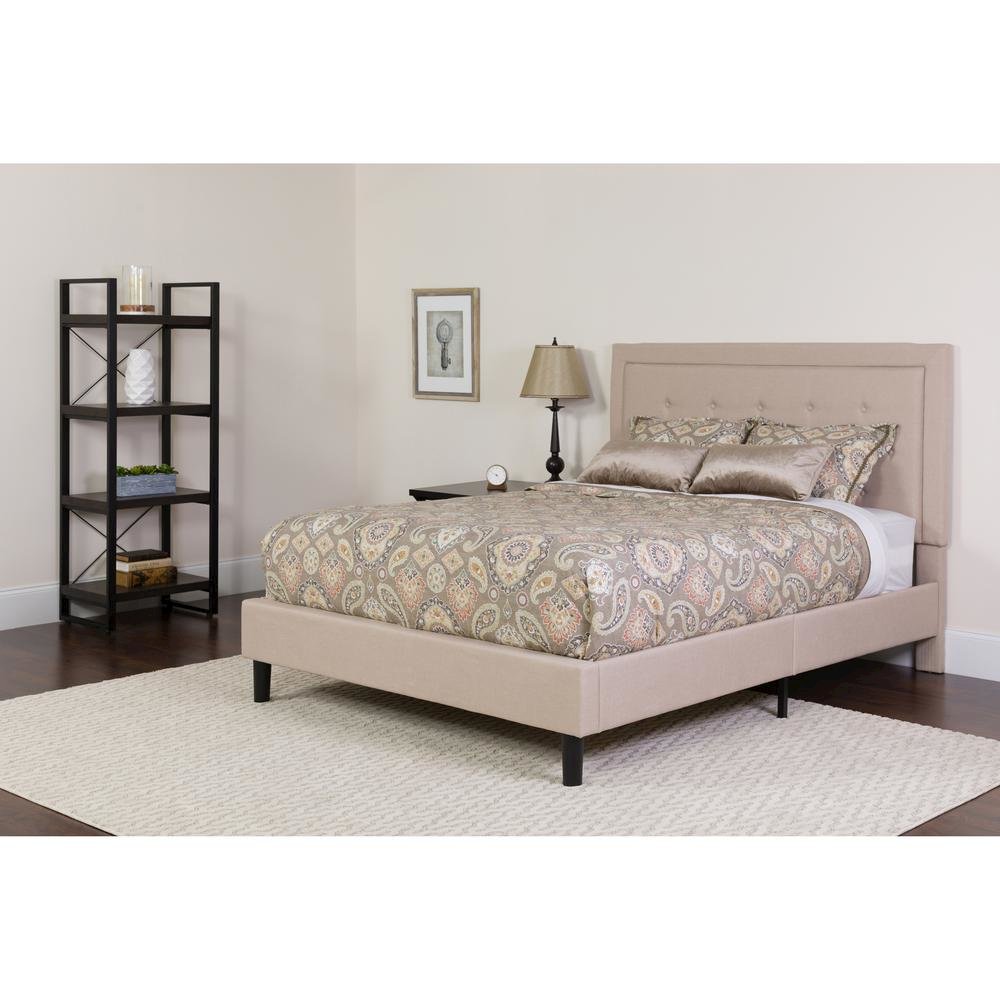 Twin Size Platform Bed in Beige Fabric with Memory Foam Mattress