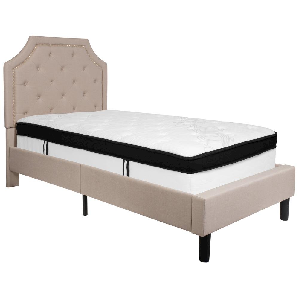 Twin Size Platform Bed in Beige Fabric with Memory Foam Mattress