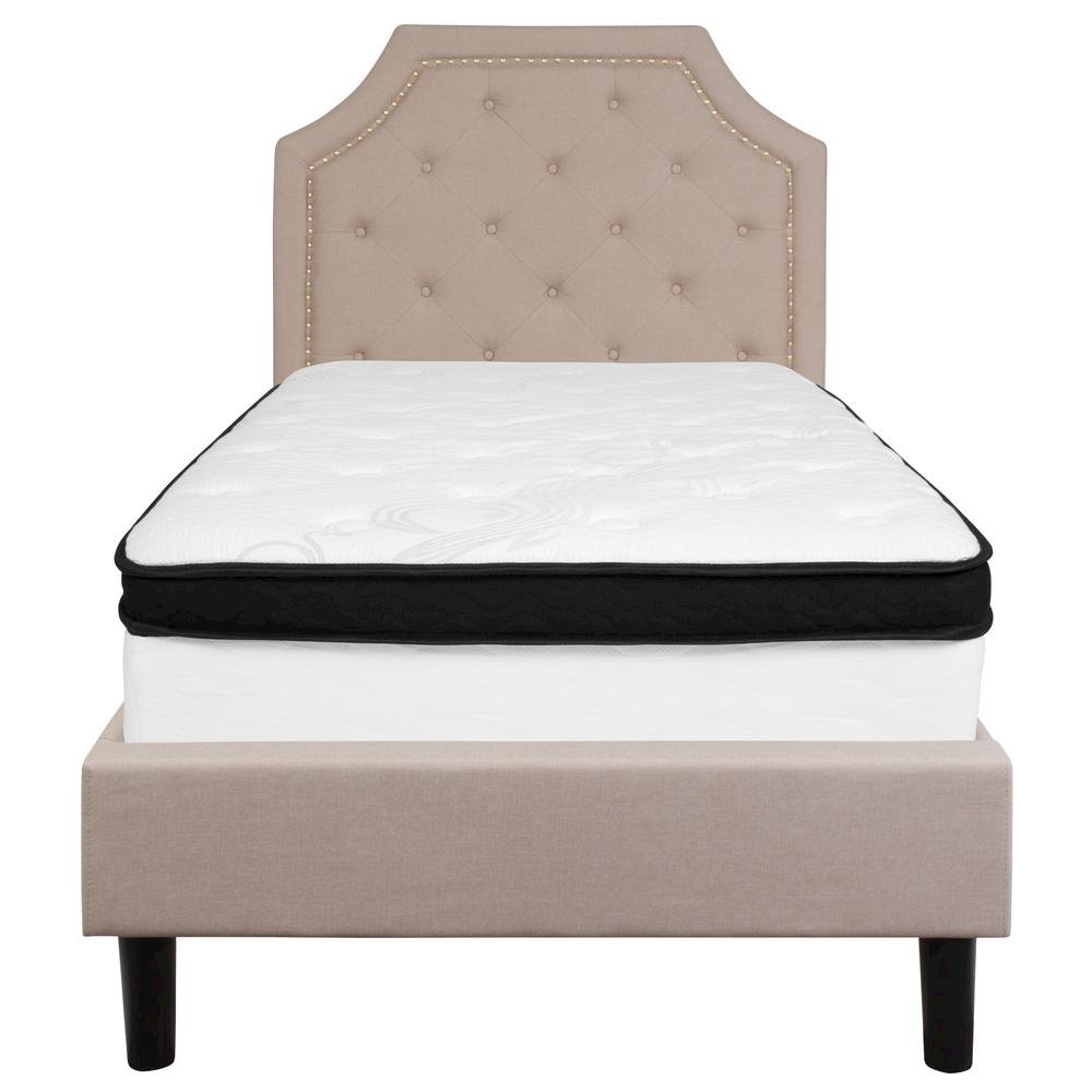 Twin Size Platform Bed in Beige Fabric with Memory Foam Mattress