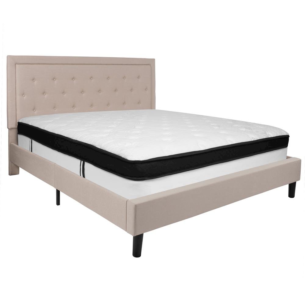King Size Platform Bed in Beige Fabric with Memory Foam Mattress