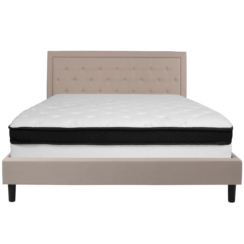 King Size Platform Bed in Beige Fabric with Memory Foam Mattress
